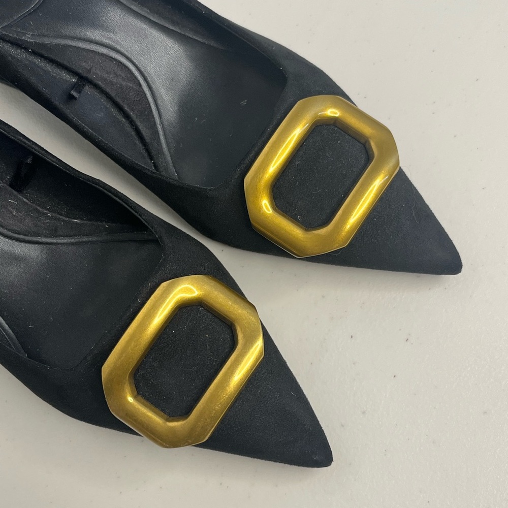 Zara Black Suede Pointed Toe Heels with Gold Buckle - Picture 9 of 12